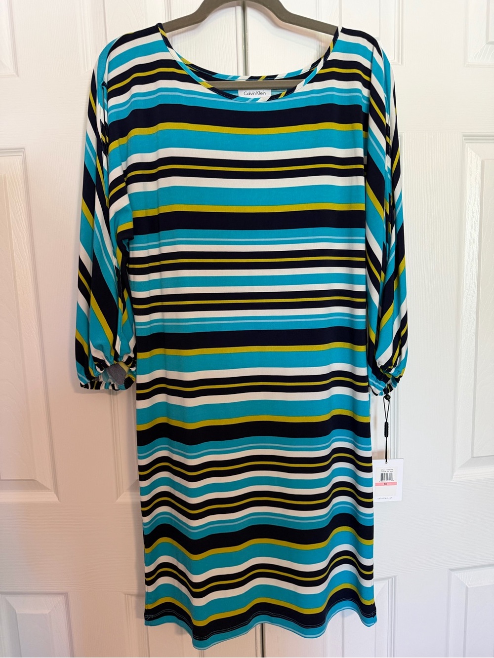 Calvin Klein Striped Midi Dress in Teal, Navy, White & Yellow